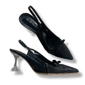 NO. 55 Shoes Women's 41 Black Mesh Bow Pointed Toe Slingback Clear Sculpted Heel